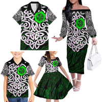 Vegvisir Family Matching Off The Shoulder Long Sleeve Dress and Hawaiian Shirt with Green Dragons and Norse Knots Viking Protection Tribute - Wonder Print Shop