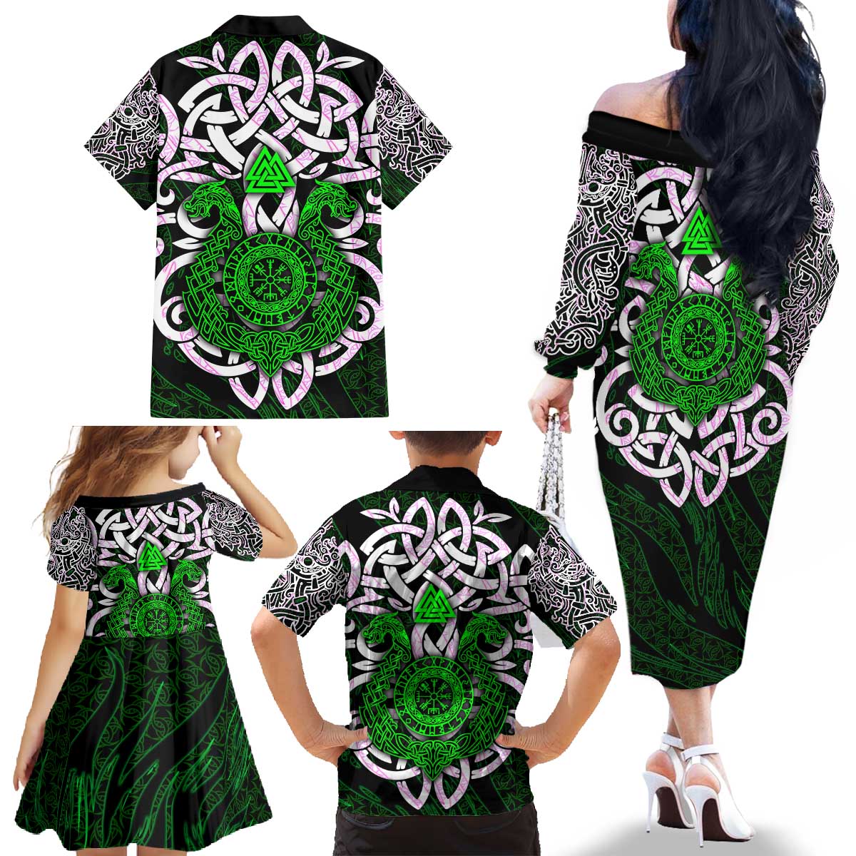 Vegvisir Family Matching Off The Shoulder Long Sleeve Dress and Hawaiian Shirt with Green Dragons and Norse Knots Viking Protection Tribute - Wonder Print Shop