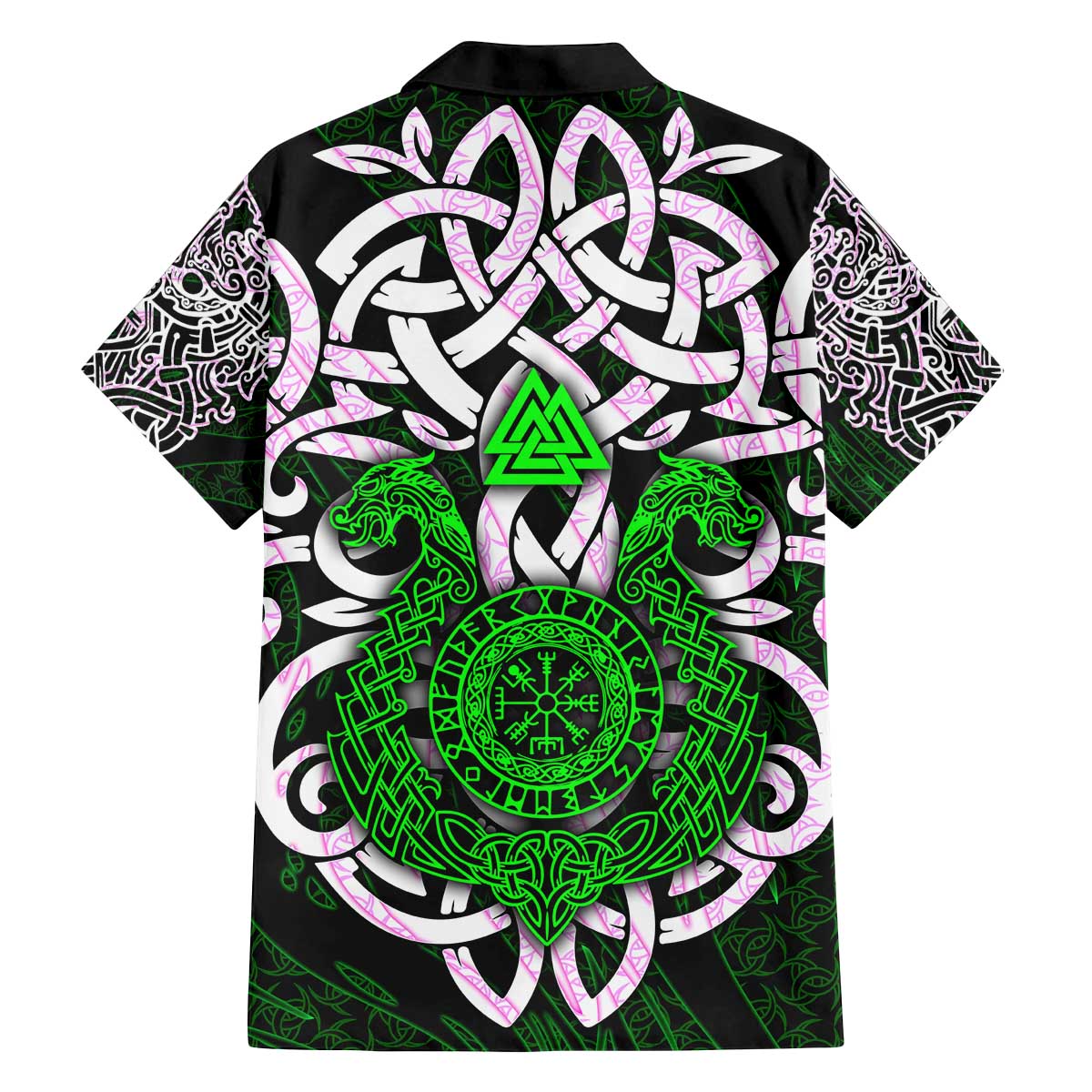 Vegvisir Family Matching Off The Shoulder Long Sleeve Dress and Hawaiian Shirt with Green Dragons and Norse Knots Viking Protection Tribute - Wonder Print Shop