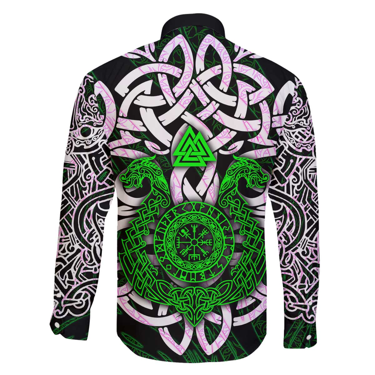 Vegvisir Family Matching Off The Shoulder Long Sleeve Dress and Hawaiian Shirt with Green Dragons and Norse Knots Viking Protection Tribute - Wonder Print Shop