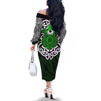 Vegvisir Family Matching Off The Shoulder Long Sleeve Dress and Hawaiian Shirt with Green Dragons and Norse Knots Viking Protection Tribute - Wonder Print Shop