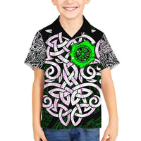 Vegvisir Family Matching Off The Shoulder Long Sleeve Dress and Hawaiian Shirt with Green Dragons and Norse Knots Viking Protection Tribute - Wonder Print Shop
