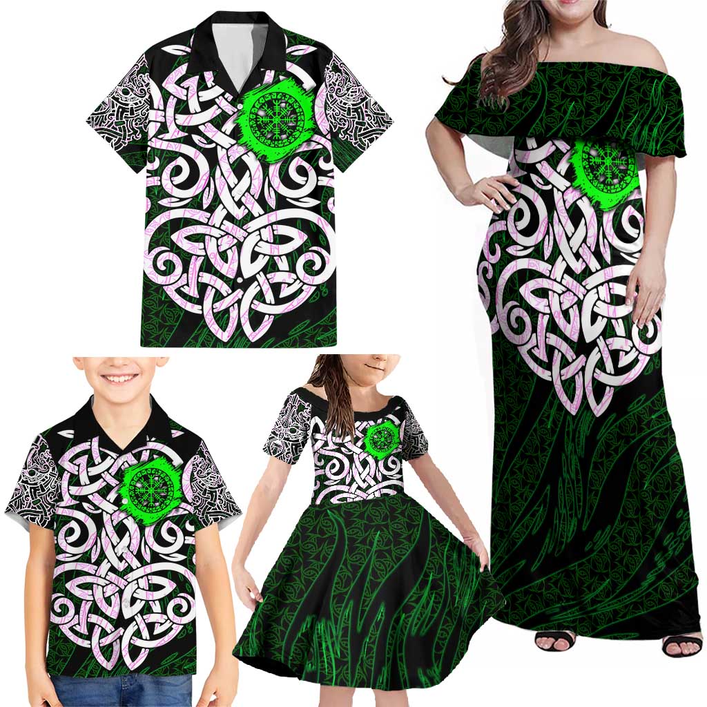 Vegvisir Family Matching Off Shoulder Maxi Dress and Hawaiian Shirt with Green Dragons and Norse Knots Viking Protection Tribute - Wonder Print Shop