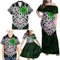 Vegvisir Family Matching Off Shoulder Maxi Dress and Hawaiian Shirt with Green Dragons and Norse Knots Viking Protection Tribute - Wonder Print Shop