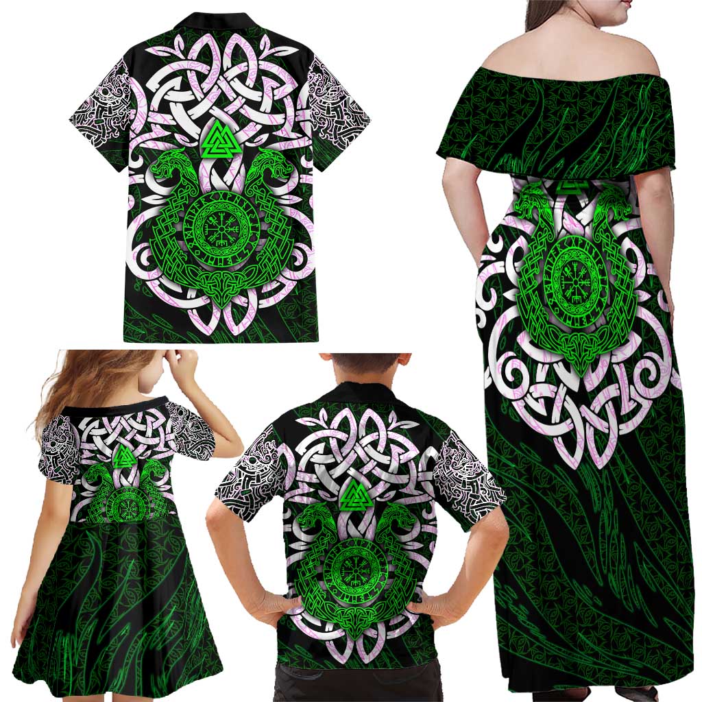 Vegvisir Family Matching Off Shoulder Maxi Dress and Hawaiian Shirt with Green Dragons and Norse Knots Viking Protection Tribute - Wonder Print Shop