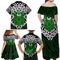Vegvisir Family Matching Off Shoulder Maxi Dress and Hawaiian Shirt with Green Dragons and Norse Knots Viking Protection Tribute - Wonder Print Shop