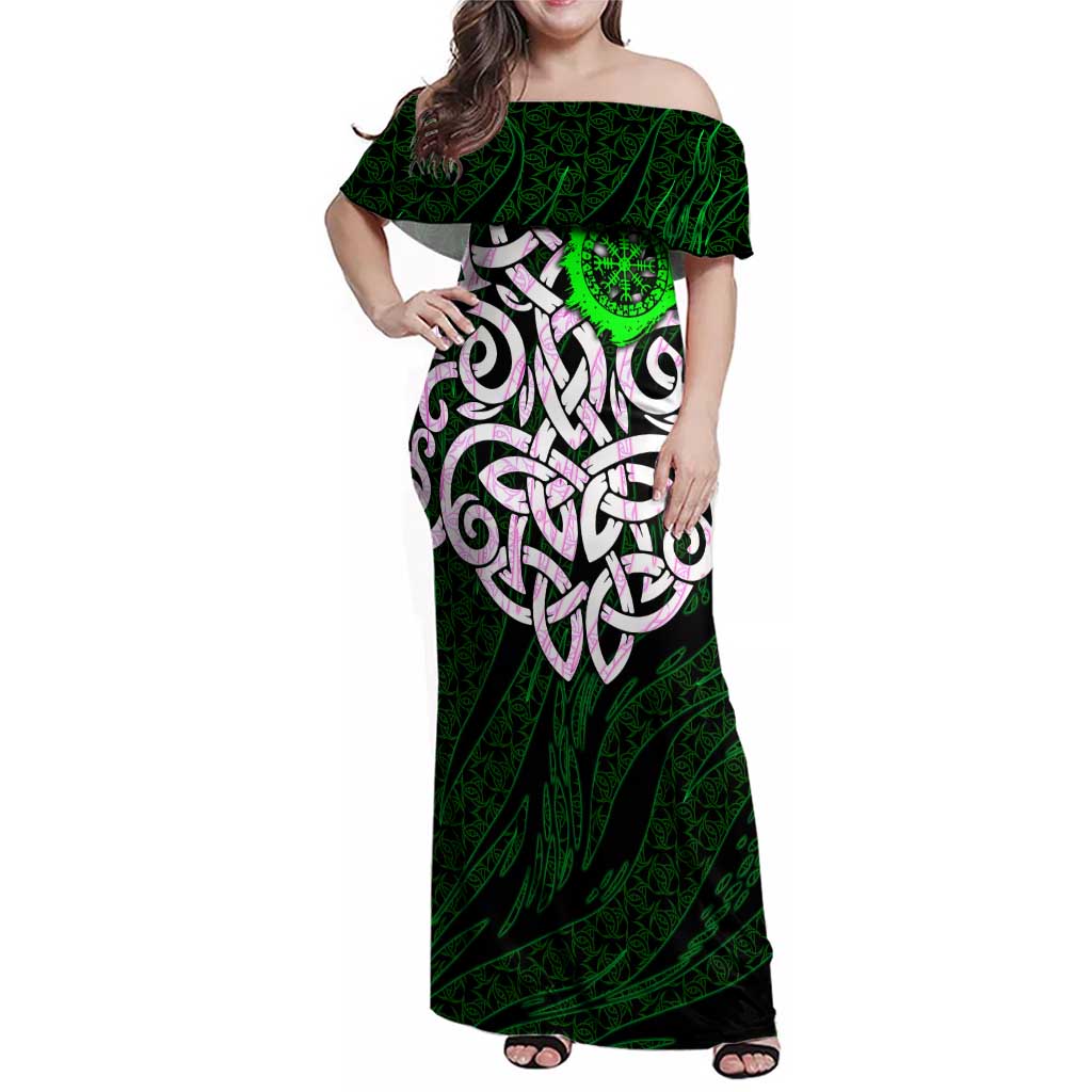 Vegvisir Family Matching Off Shoulder Maxi Dress and Hawaiian Shirt with Green Dragons and Norse Knots Viking Protection Tribute - Wonder Print Shop