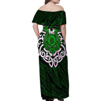 Vegvisir Family Matching Off Shoulder Maxi Dress and Hawaiian Shirt with Green Dragons and Norse Knots Viking Protection Tribute - Wonder Print Shop
