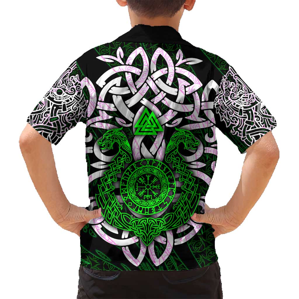 Vegvisir Family Matching Off Shoulder Short Dress and Hawaiian Shirt with Green Dragons and Norse Knots Viking Protection Tribute - Wonder Print Shop