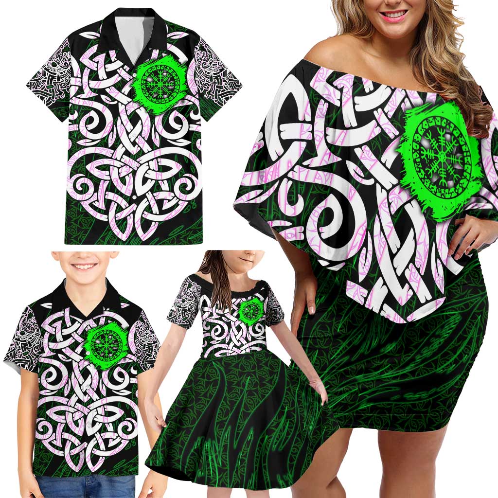 Vegvisir Family Matching Off Shoulder Short Dress and Hawaiian Shirt with Green Dragons and Norse Knots Viking Protection Tribute - Wonder Print Shop