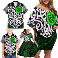 Vegvisir Family Matching Off Shoulder Short Dress and Hawaiian Shirt with Green Dragons and Norse Knots Viking Protection Tribute - Wonder Print Shop