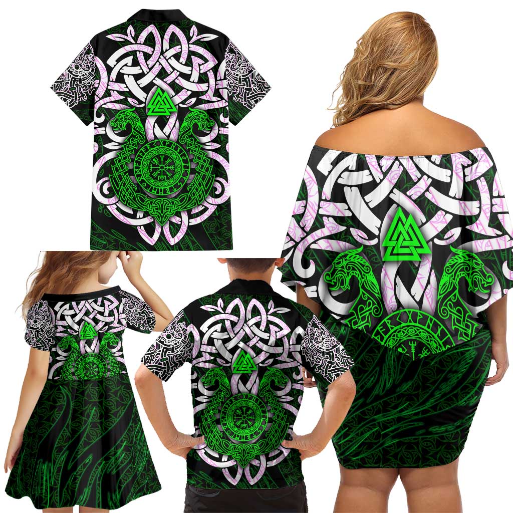 Vegvisir Family Matching Off Shoulder Short Dress and Hawaiian Shirt with Green Dragons and Norse Knots Viking Protection Tribute - Wonder Print Shop