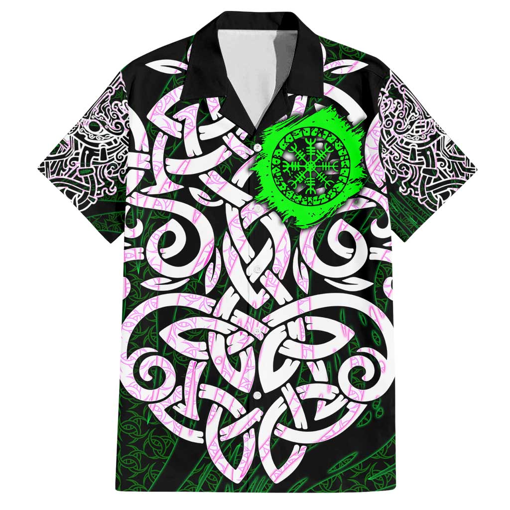 Vegvisir Family Matching Off Shoulder Short Dress and Hawaiian Shirt with Green Dragons and Norse Knots Viking Protection Tribute - Wonder Print Shop