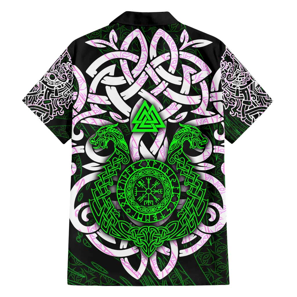 Vegvisir Family Matching Off Shoulder Short Dress and Hawaiian Shirt with Green Dragons and Norse Knots Viking Protection Tribute - Wonder Print Shop