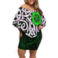 Vegvisir Family Matching Off Shoulder Short Dress and Hawaiian Shirt with Green Dragons and Norse Knots Viking Protection Tribute - Wonder Print Shop