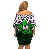 Vegvisir Family Matching Off Shoulder Short Dress and Hawaiian Shirt with Green Dragons and Norse Knots Viking Protection Tribute - Wonder Print Shop