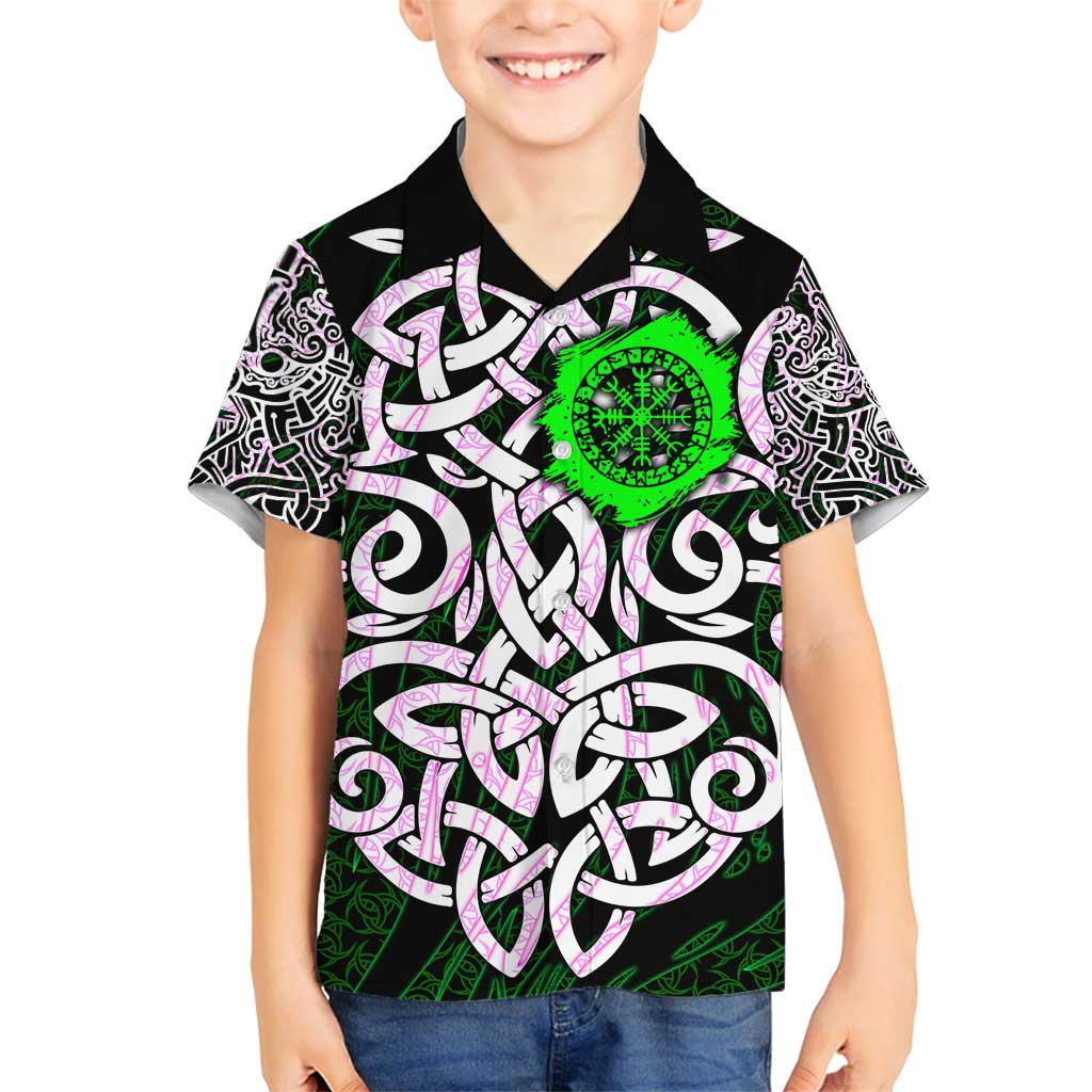 Vegvisir Family Matching Off Shoulder Short Dress and Hawaiian Shirt with Green Dragons and Norse Knots Viking Protection Tribute - Wonder Print Shop