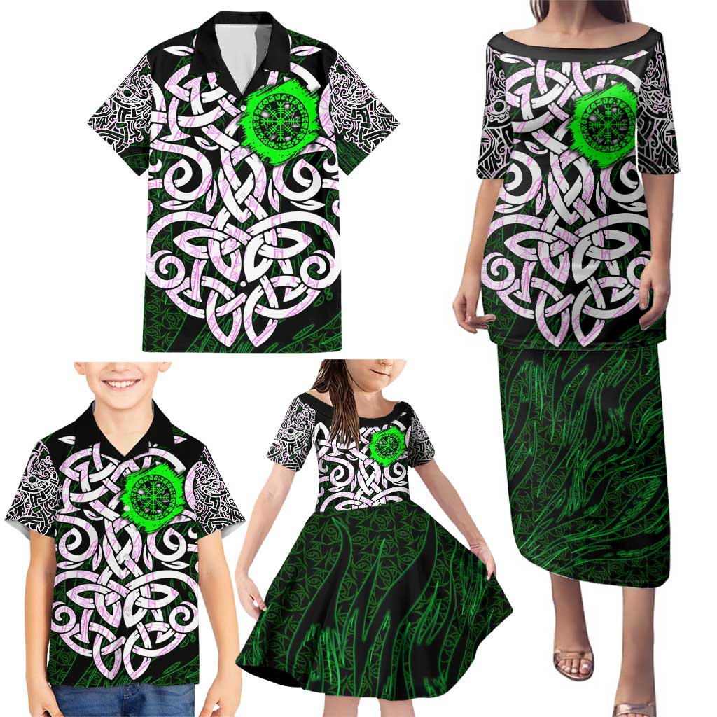 Vegvisir Family Matching Puletasi and Hawaiian Shirt with Green Dragons and Norse Knots Viking Protection Tribute - Wonder Print Shop