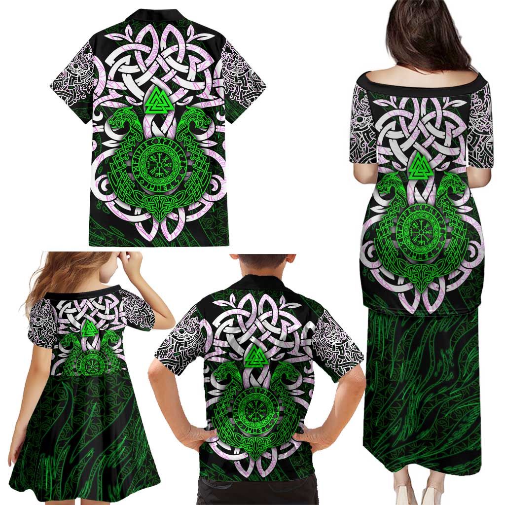 Vegvisir Family Matching Puletasi and Hawaiian Shirt with Green Dragons and Norse Knots Viking Protection Tribute - Wonder Print Shop
