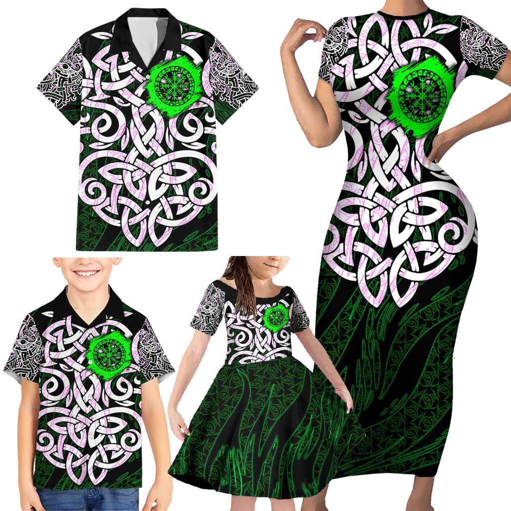 Vegvisir Family Matching Short Sleeve Bodycon Dress and Hawaiian Shirt with Green Dragons and Norse Knots Viking Protection Tribute - Wonder Print Shop