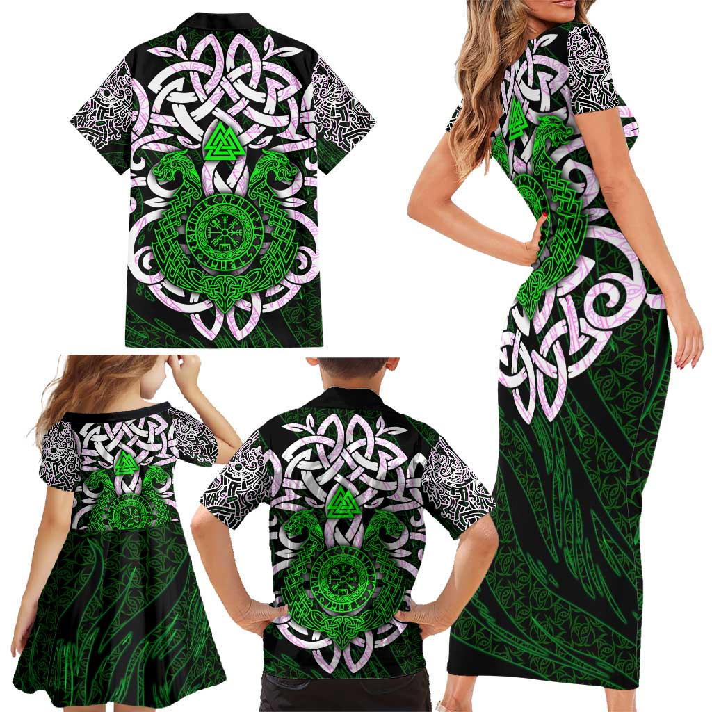 Vegvisir Family Matching Short Sleeve Bodycon Dress and Hawaiian Shirt with Green Dragons and Norse Knots Viking Protection Tribute - Wonder Print Shop