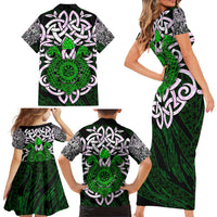 Vegvisir Family Matching Short Sleeve Bodycon Dress and Hawaiian Shirt with Green Dragons and Norse Knots Viking Protection Tribute - Wonder Print Shop