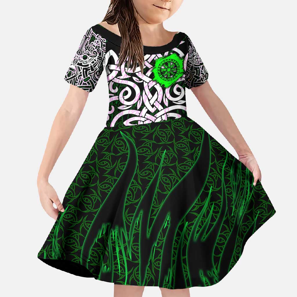 Vegvisir Family Matching Summer Maxi Dress and Hawaiian Shirt with Green Dragons and Norse Knots Viking Protection Tribute - Wonder Print Shop