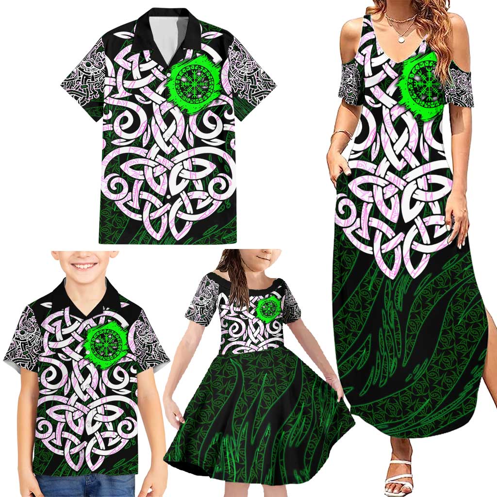 Vegvisir Family Matching Summer Maxi Dress and Hawaiian Shirt with Green Dragons and Norse Knots Viking Protection Tribute - Wonder Print Shop