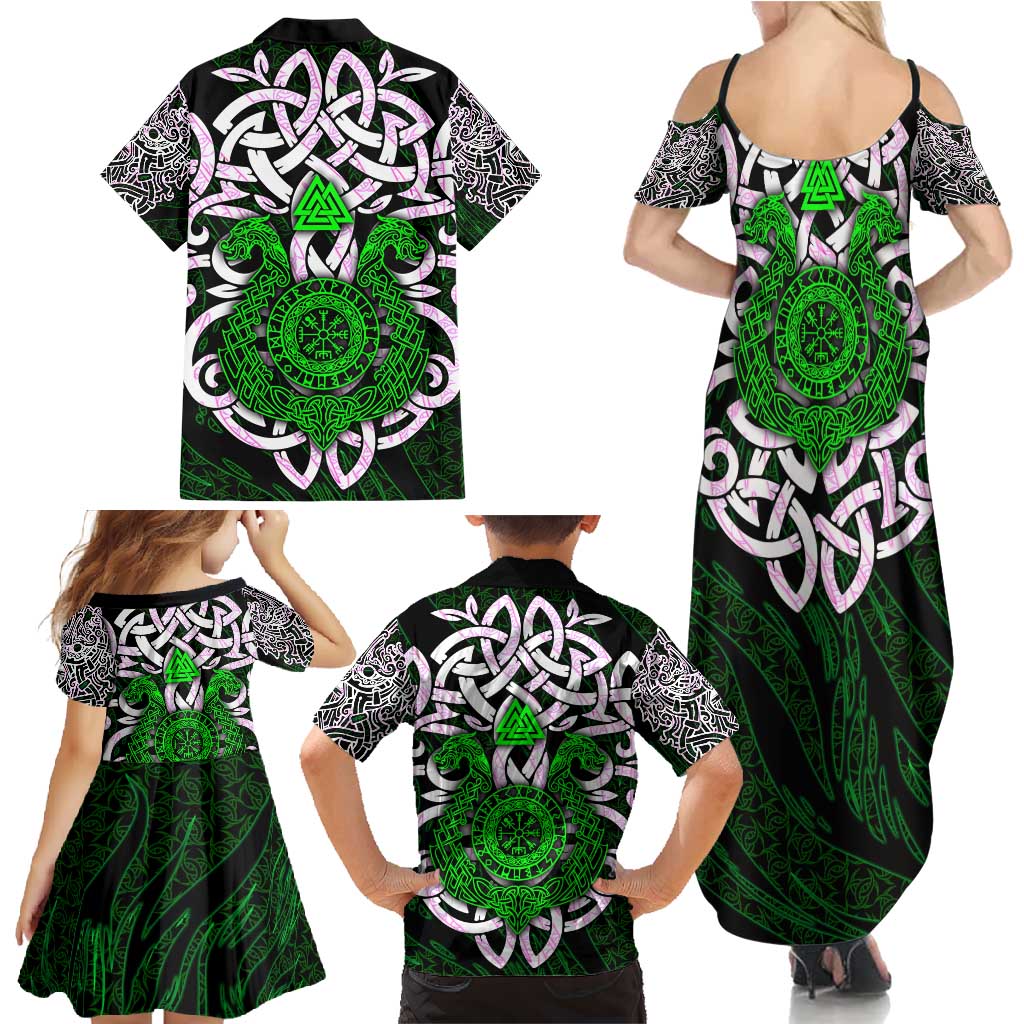 Vegvisir Family Matching Summer Maxi Dress and Hawaiian Shirt with Green Dragons and Norse Knots Viking Protection Tribute - Wonder Print Shop