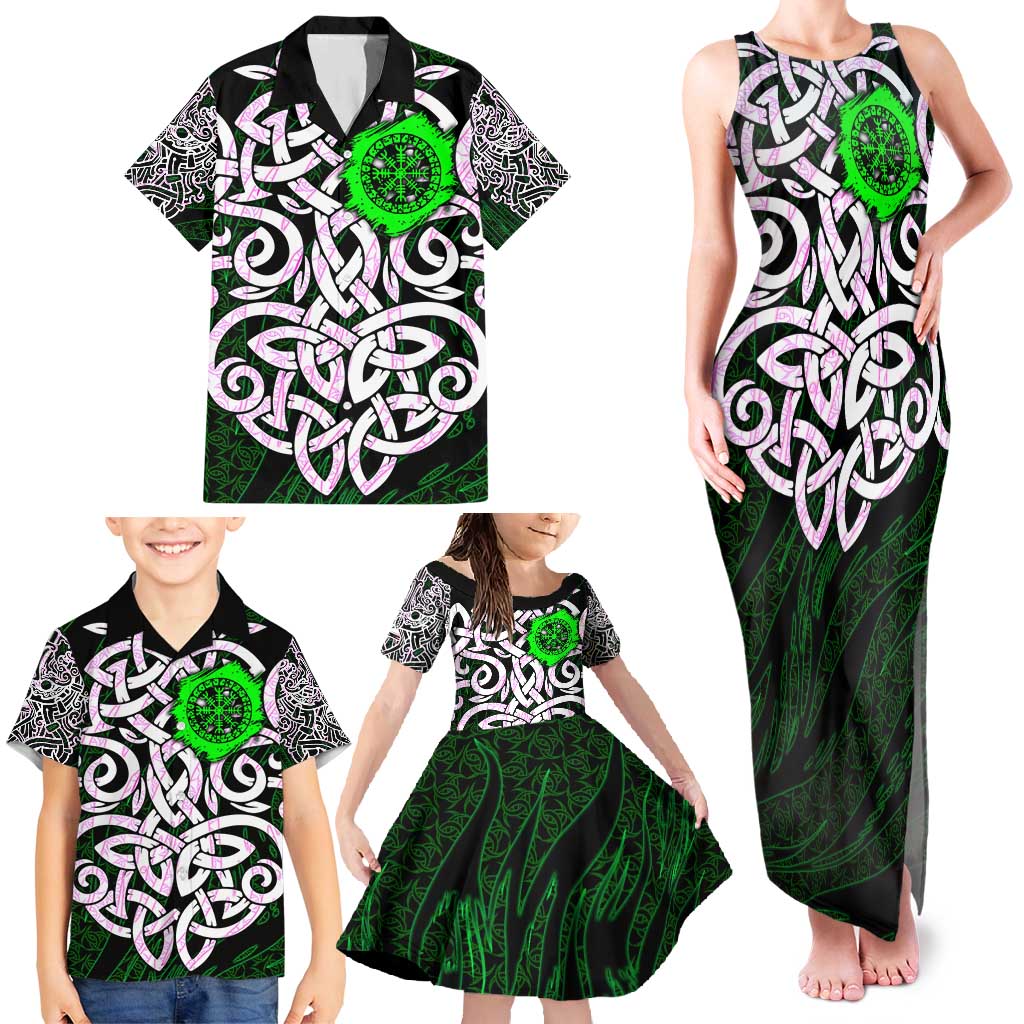 Vegvisir Family Matching Tank Maxi Dress and Hawaiian Shirt with Green Dragons and Norse Knots Viking Protection Tribute - Wonder Print Shop