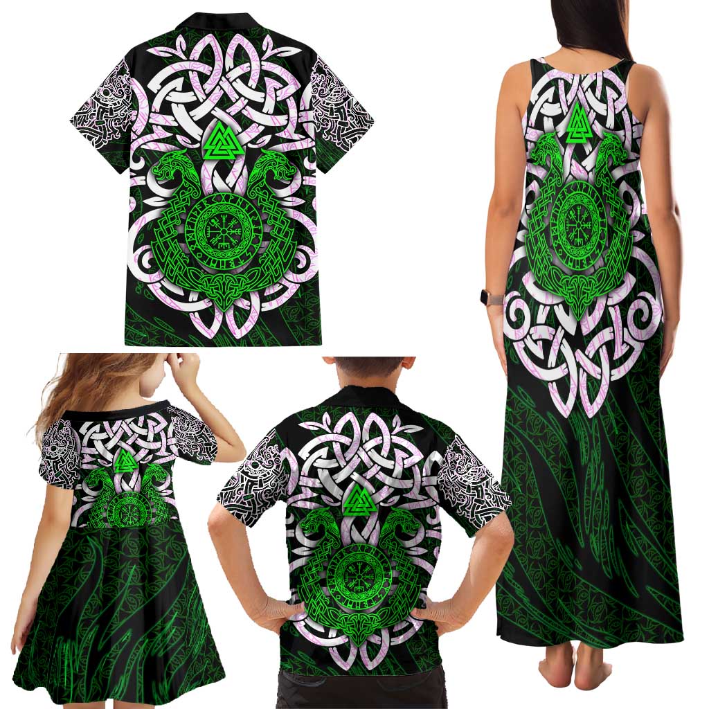 Vegvisir Family Matching Tank Maxi Dress and Hawaiian Shirt with Green Dragons and Norse Knots Viking Protection Tribute - Wonder Print Shop