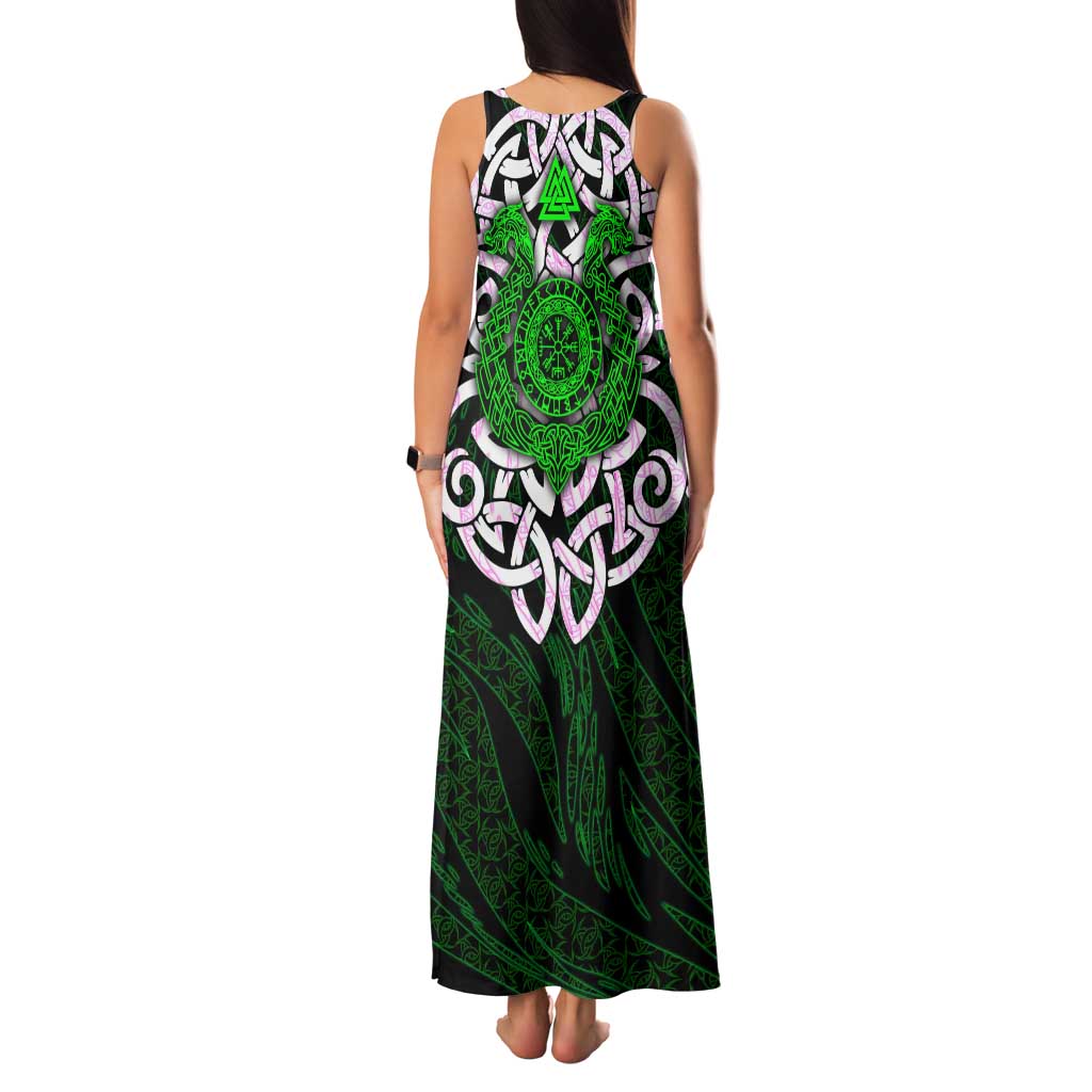 Vegvisir Family Matching Tank Maxi Dress and Hawaiian Shirt with Green Dragons and Norse Knots Viking Protection Tribute - Wonder Print Shop