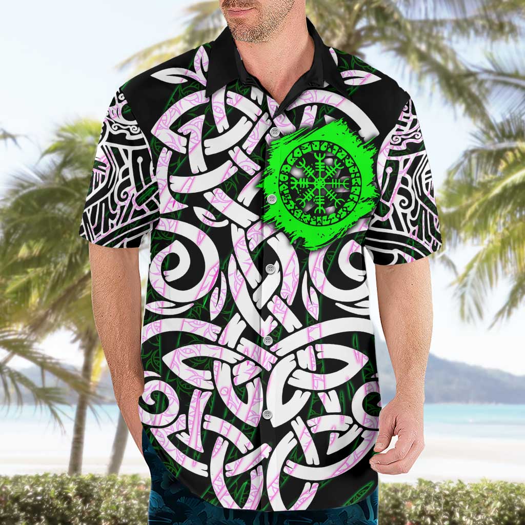 Vegvisir Hawaiian Shirt with Green Dragons and Norse Knots Viking Protection Tribute - Wonder Print Shop