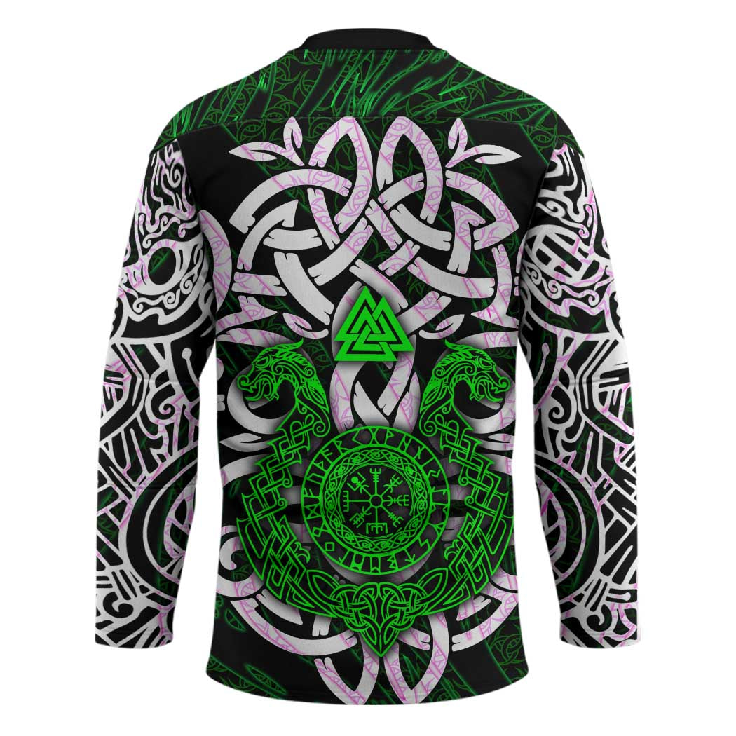 Vegvisir Hockey Jersey with Green Dragons and Norse Knots Viking Protection Tribute - Wonder Print Shop