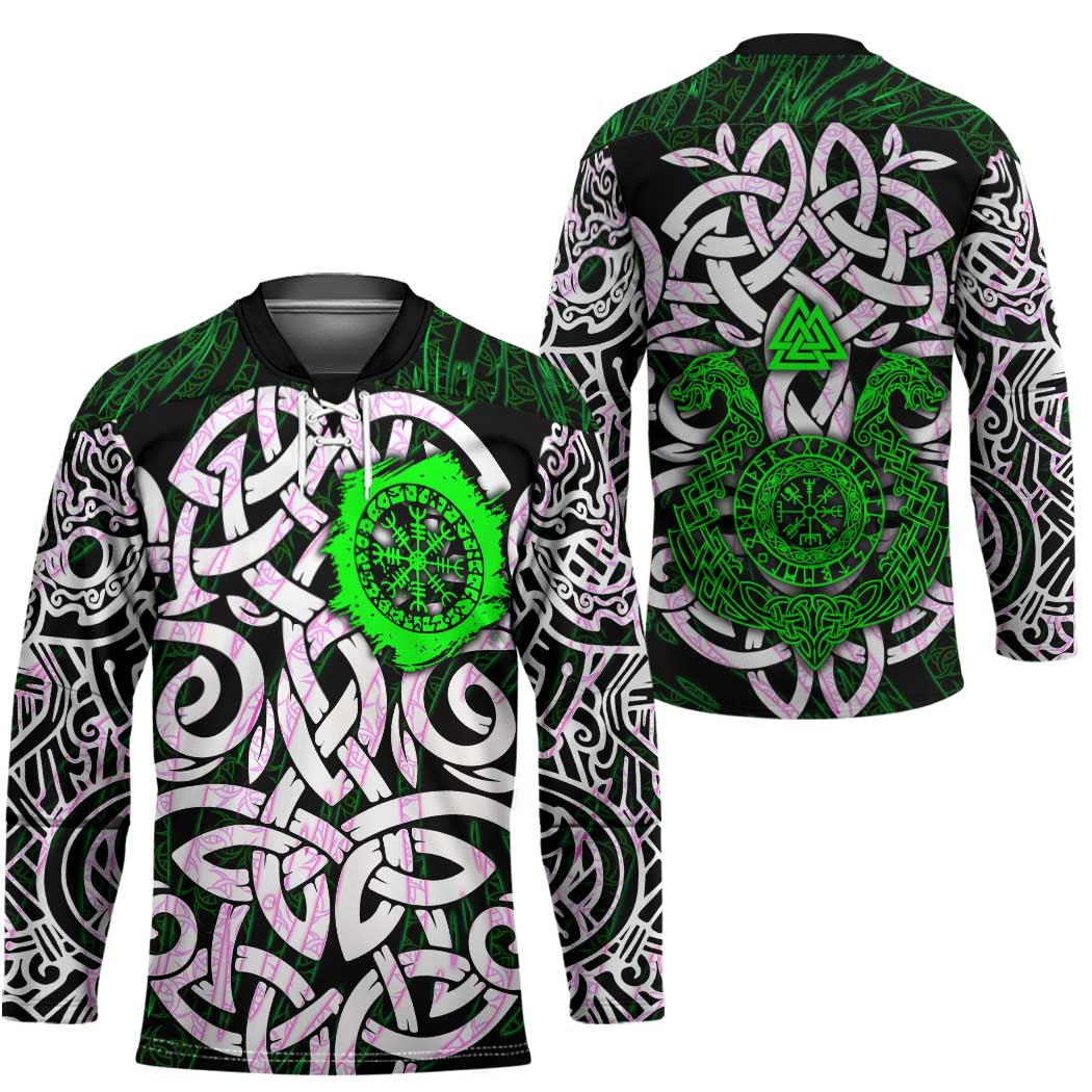 Vegvisir Hockey Jersey with Green Dragons and Norse Knots Viking Protection Tribute - Wonder Print Shop