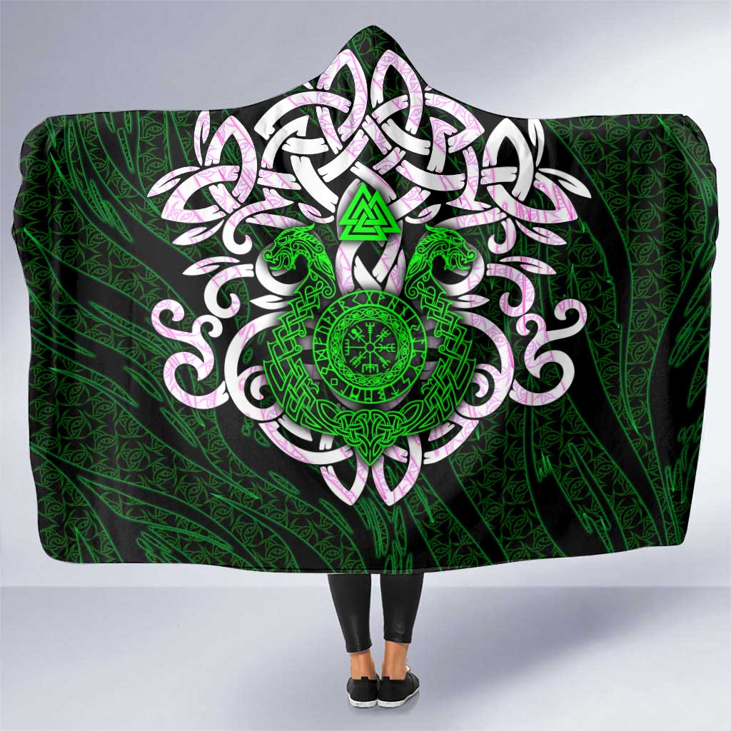 Vegvisir Hooded Blanket with Green Dragons and Norse Knots Viking Protection Tribute - Wonder Print Shop