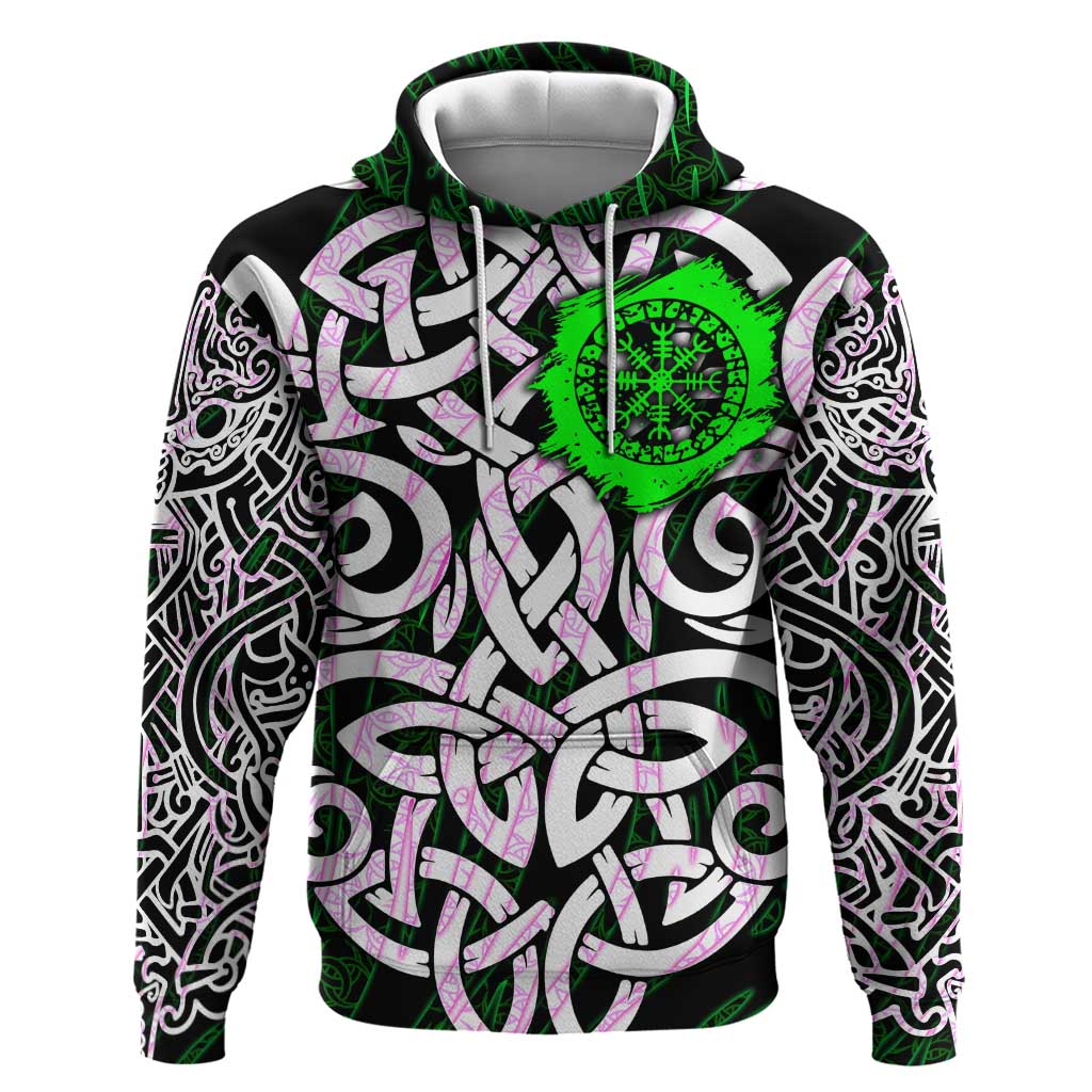 Vegvisir Hoodie with Green Dragons and Norse Knots Viking Protection Tribute - Wonder Print Shop