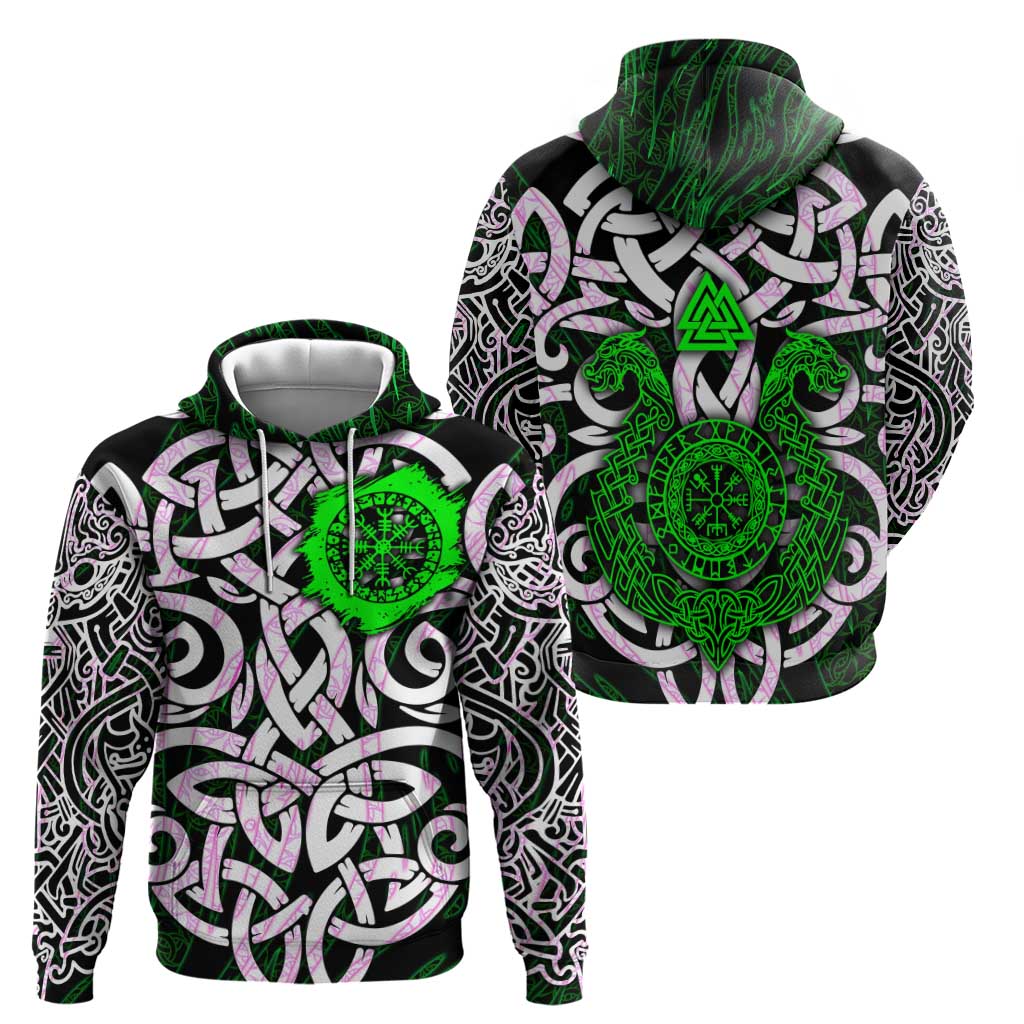 Vegvisir Hoodie with Green Dragons and Norse Knots Viking Protection Tribute - Wonder Print Shop