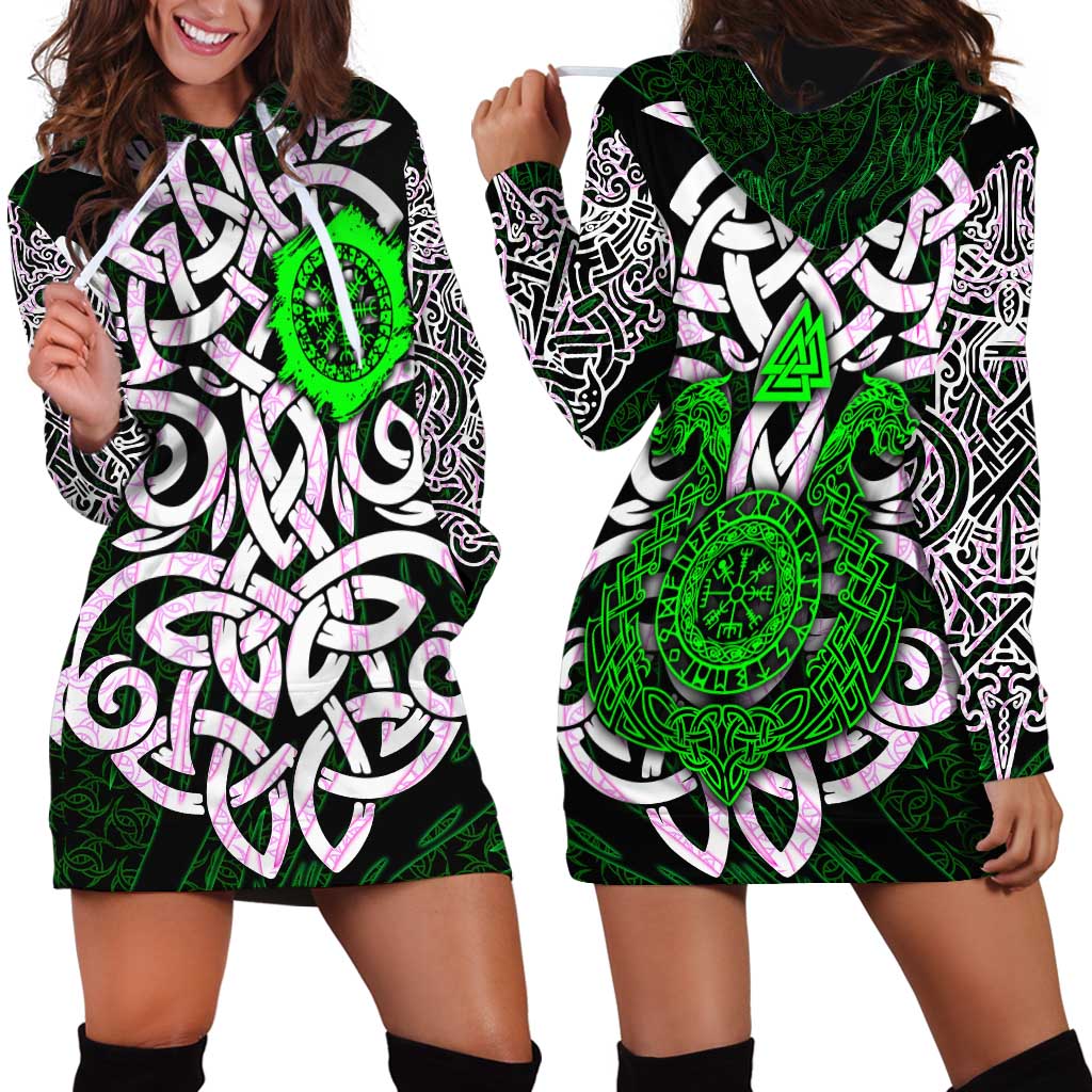 Vegvisir Hoodie Dress with Green Dragons and Norse Knots Viking Protection Tribute - Wonder Print Shop