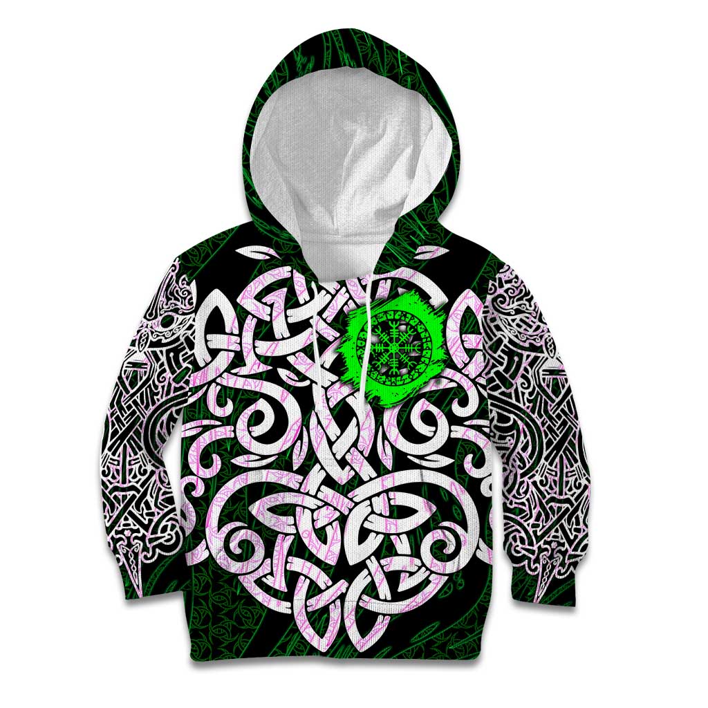 Vegvisir Kid Hoodie with Green Dragons and Norse Knots Viking Protection Tribute - Wonder Print Shop