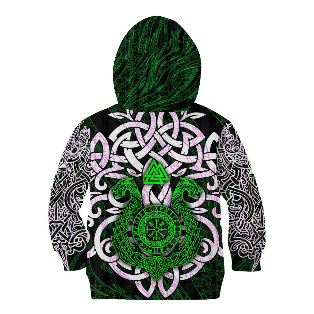 Vegvisir Kid Hoodie with Green Dragons and Norse Knots Viking Protection Tribute - Wonder Print Shop