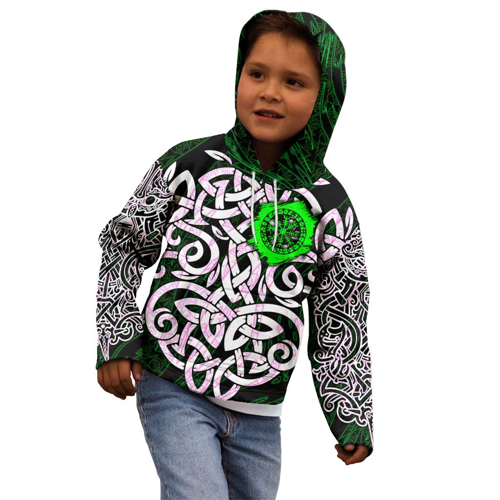 Vegvisir Kid Hoodie with Green Dragons and Norse Knots Viking Protection Tribute - Wonder Print Shop