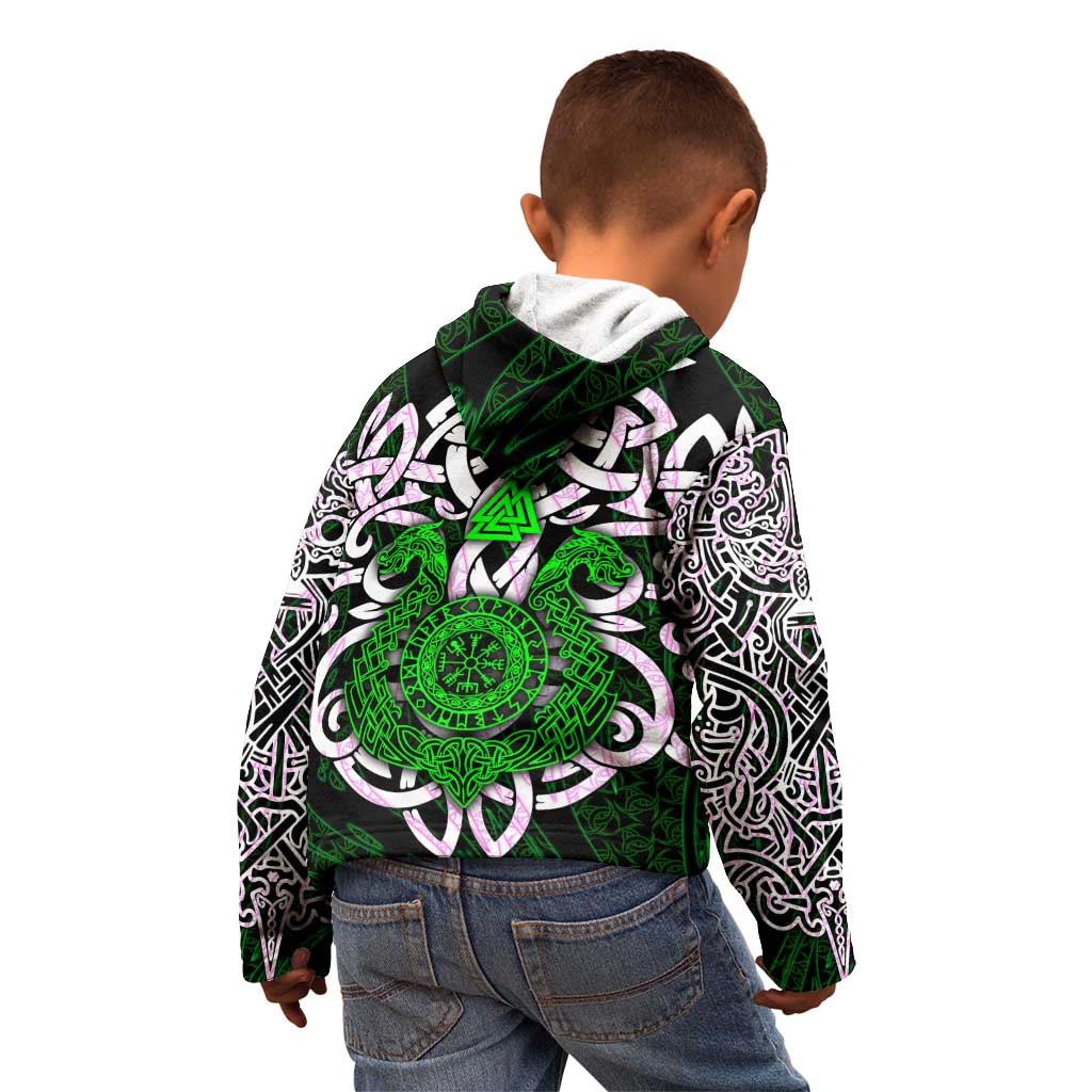 Vegvisir Kid Hoodie with Green Dragons and Norse Knots Viking Protection Tribute - Wonder Print Shop