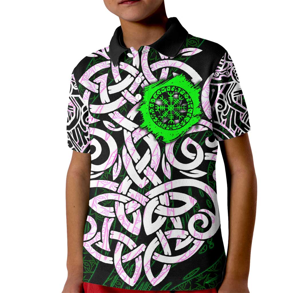 Vegvisir Kid Polo Shirt with Green Dragons and Norse Knots Viking Protection Tribute - Wonder Print Shop