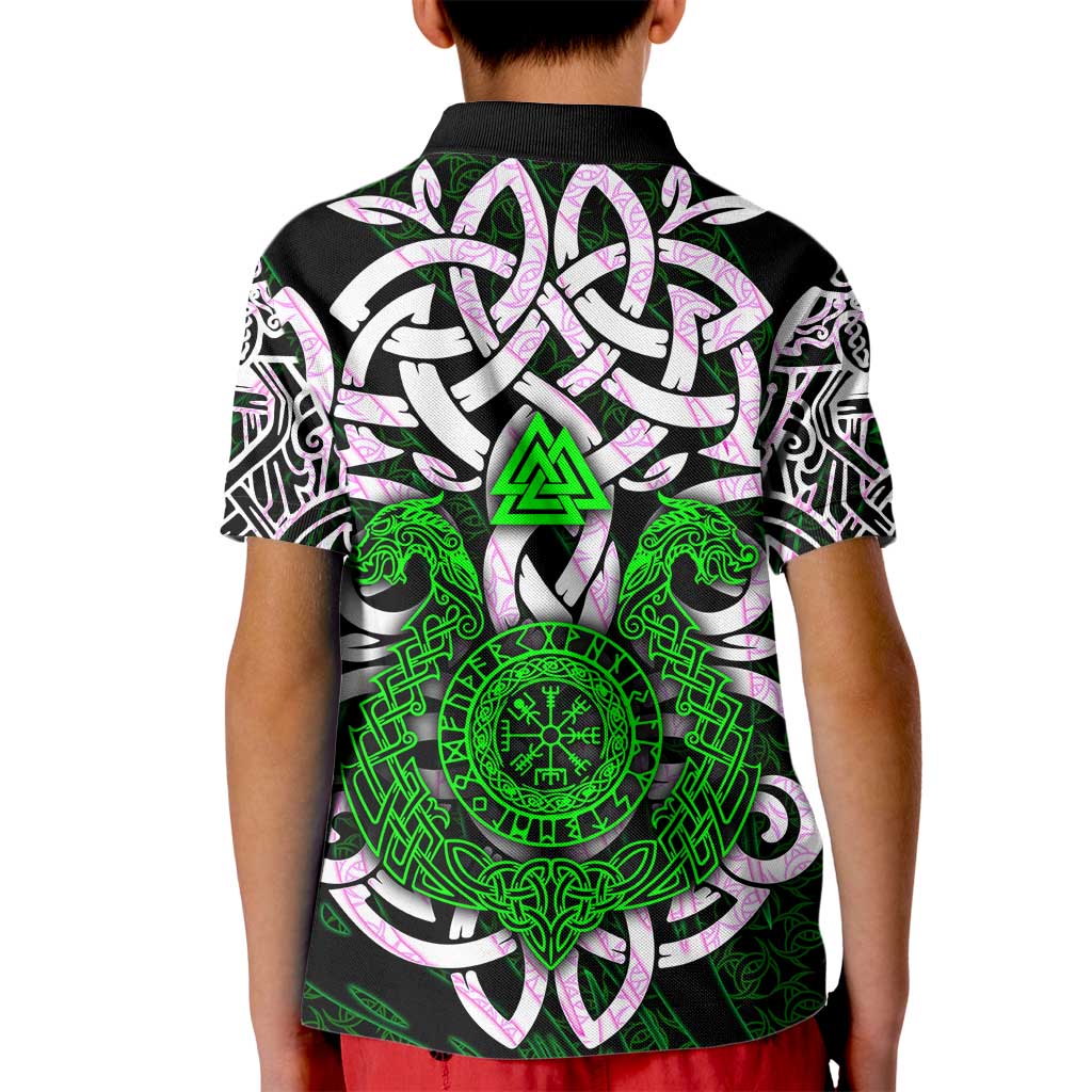 Vegvisir Kid Polo Shirt with Green Dragons and Norse Knots Viking Protection Tribute - Wonder Print Shop