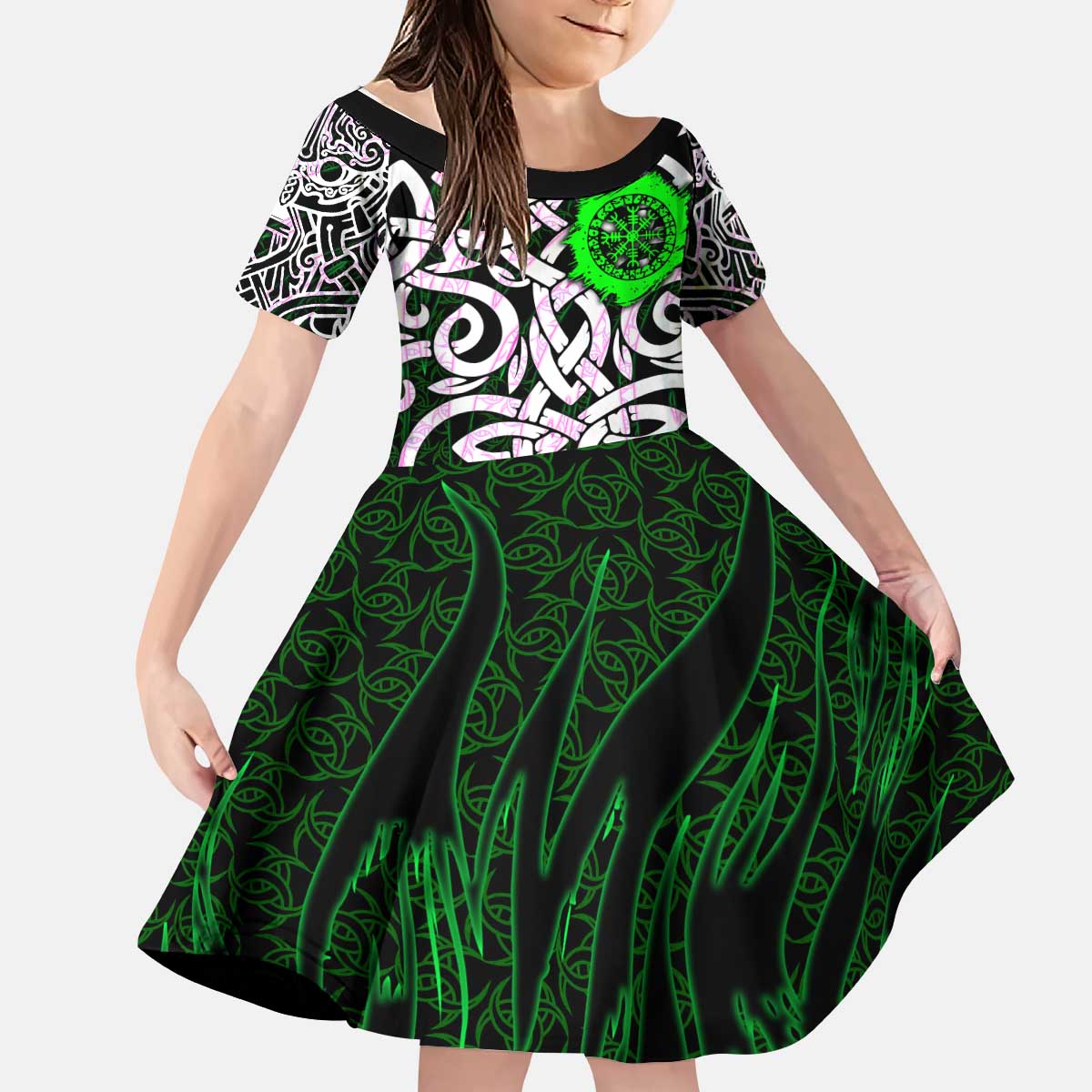 Vegvisir Kid Short Sleeve Dress with Green Dragons and Norse Knots Viking Protection Tribute - Wonder Print Shop