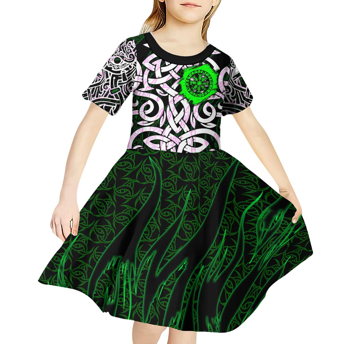 Vegvisir Kid Short Sleeve Dress with Green Dragons and Norse Knots Viking Protection Tribute - Wonder Print Shop