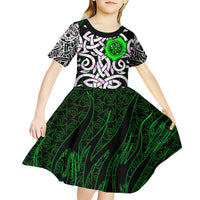 Vegvisir Kid Short Sleeve Dress with Green Dragons and Norse Knots Viking Protection Tribute - Wonder Print Shop