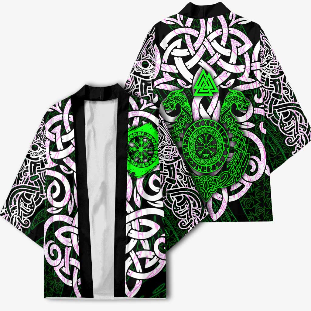 Vegvisir Kimono with Green Dragons and Norse Knots Viking Protection Tribute - Wonder Print Shop