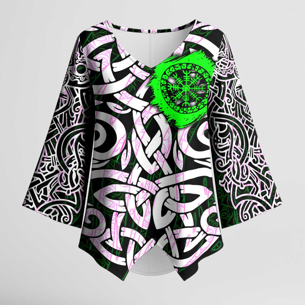 Vegvisir Kimono Sleeve Blouse with Green Dragons and Norse Knots Viking Protection Tribute - Wonder Print Shop